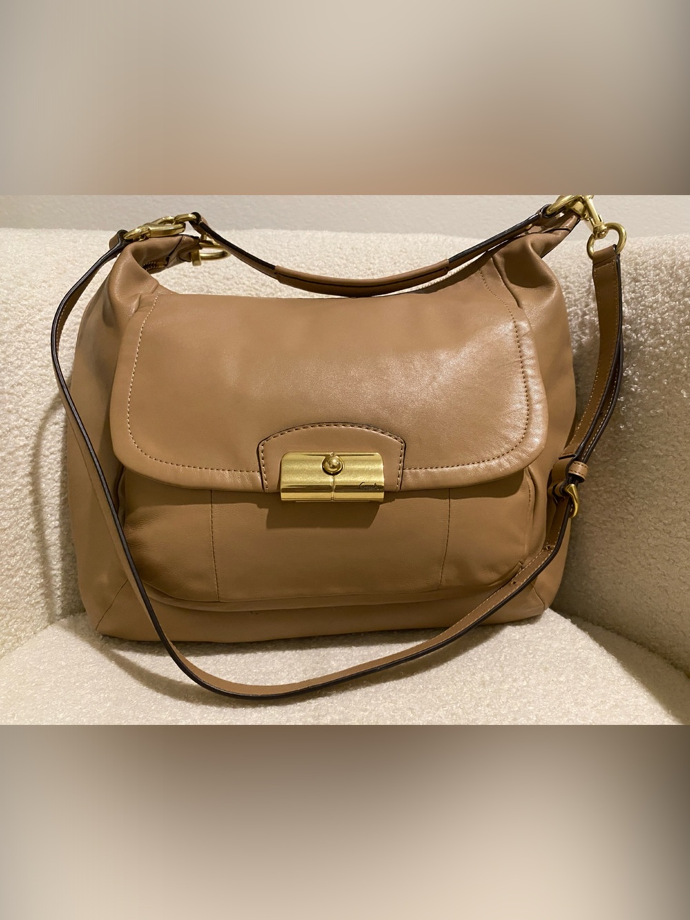 Coach Beige Leather Shoulder Bag with Gold Hardware